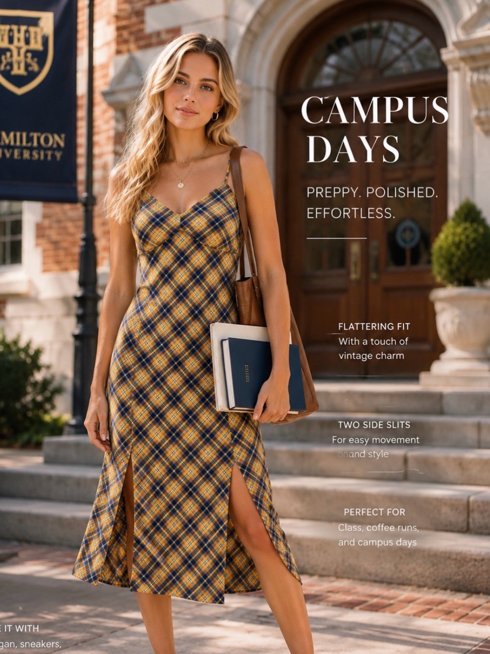 Michael Kors Yellow and Blue Plaid Slip Maxi Dress preppy